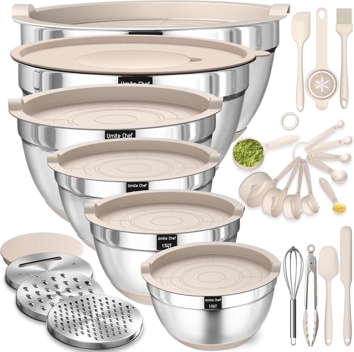 71XR3lo00cL._AC_SL1500_ Mixing Bowls with Airtight Lids Set, 26PCS Stainless Steel Khaki Bowls with Grater Attachments, Non-Slip Bottoms & Kitchen Gadgets Set, Size 7, 4, 2.5, 2.0,1.5, 1QT, Great for Mixing & Serving - Image 1