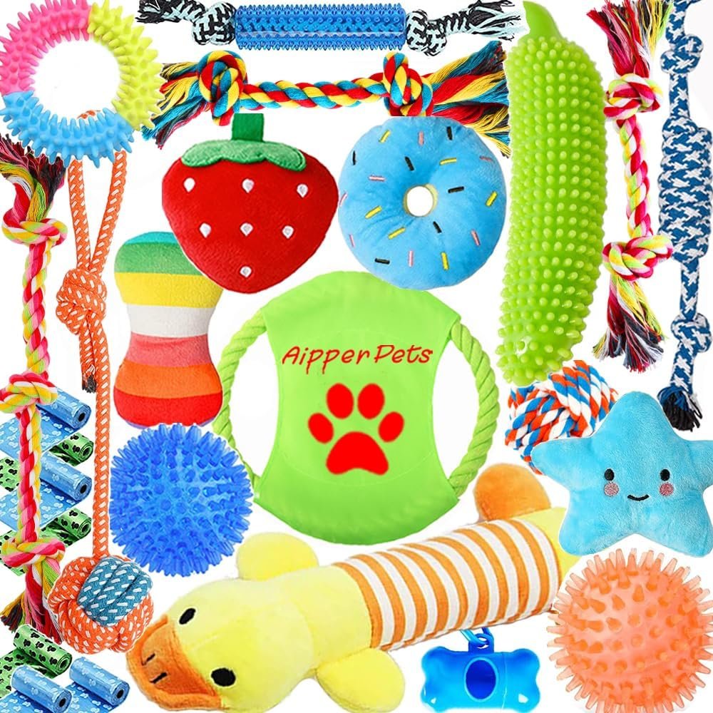 71hRIrw6OfL._AC_SL1000_ Dog Toys 25 Pack for Fun and Teeth Cleaning, Puppy Chew Toys Pack with Squeak Plush Toy,Squeaky Toy Balls,Tug of War and Rope Toys for Puppy to Small Dogs - Image 1
