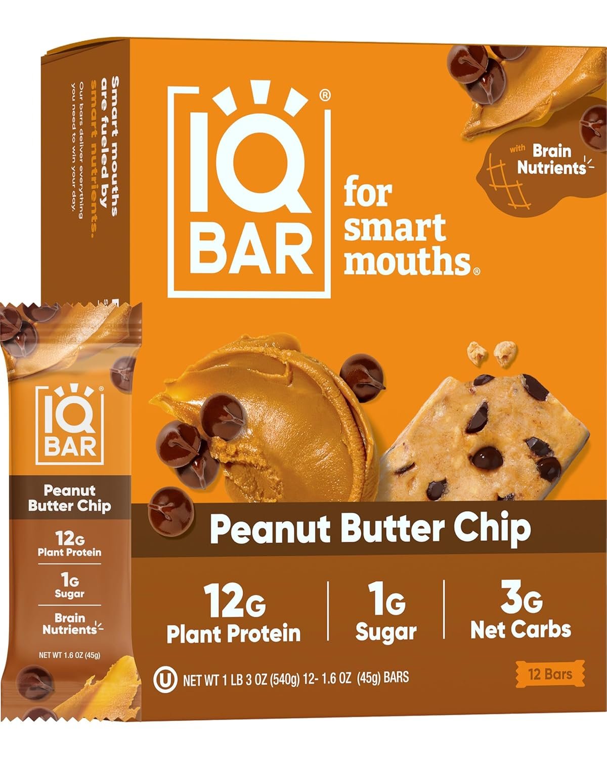 81n6KA9fqSL._SL1500_ IQBAR Brain and Body Plant Protein Bars - Peanut Butter Chip - 12 Count, Low Carb, High Fiber, Gluten Free, Vegan Snacks - Low Sugar Keto Energy Bars - Image 1
